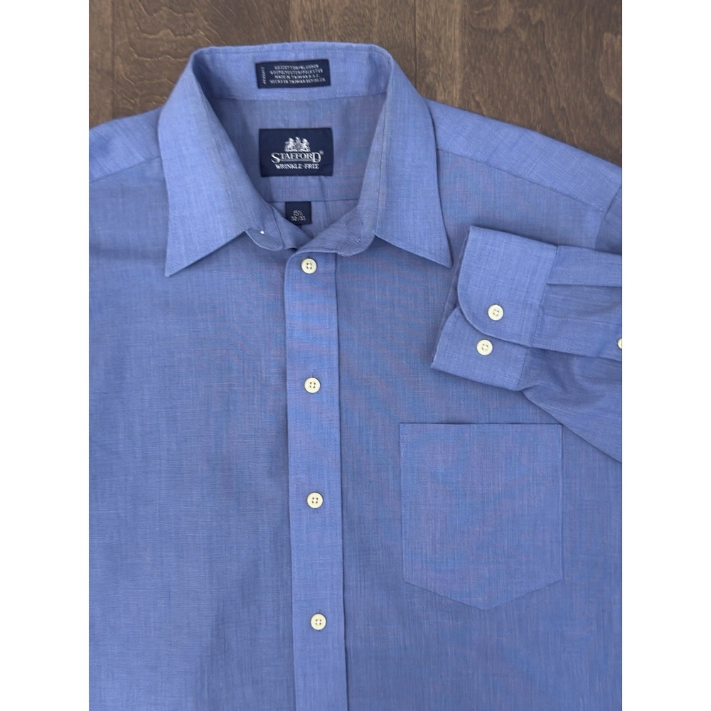 Stafford Mens Size 15.5 Long Sleeve Button Down Blue Shirt Pocket Cotton Blend